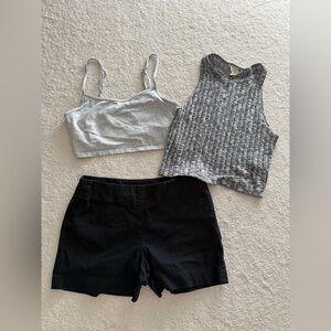 Gray sports bra (S), Black Tank Top (S) with Black Banana Republic Shorts size S